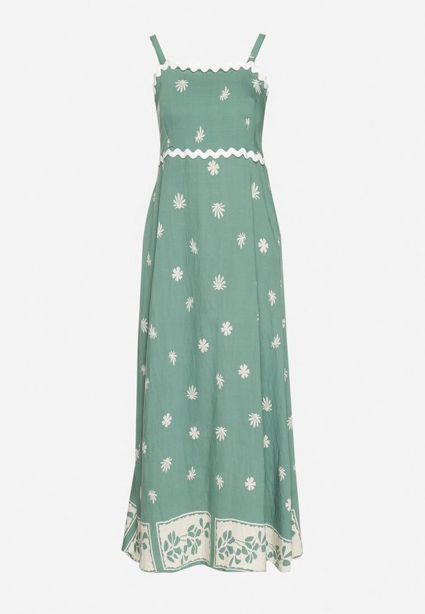 Born2be - Zielona Wiskozowa Sukienka z Geometrycznym Wzorem Lenirisa. Okazja: na co dzień. Kolor: zielony. Materiał: wiskoza. Długość rękawa: na ramiączkach. Wzór: geometria. Typ sukienki: proste. Styl: klasyczny, casual, elegancki