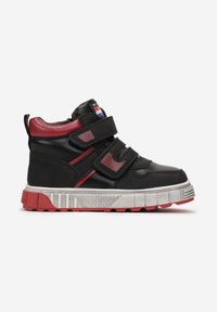Born2be - Czarno-Czerwone Botki w Sportowym Stylu Mocno Ocieplone z Rzepem Odyssa. Okazja: na urodziny, na co dzień, na spacer. Kolor: czarny. Materiał: jeans. Styl: sportowy
