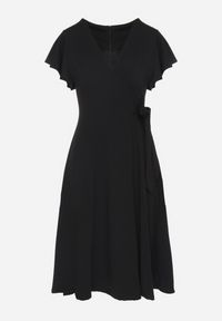 Born2be - Czarna Rozkloszowana Sukienka Kopertowa z Wiązaniem w Talii Dannila. Kolor: czarny. Wzór: aplikacja. Typ sukienki: kopertowe #5