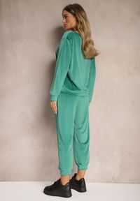Renee - Zielony Komplet Dresowy z Weluru Luźna Bluza z Dekoltem w V i Elastyczne Spodnie z Kieszeniami Esparkia. Kolor: zielony. Materiał: dresówka, welur #3
