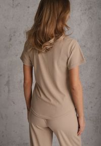 Renee - Beżowy T-shirt Basic z Okrągłym Dekoltem Dolea. Okazja: na co dzień. Kolor: beżowy. Materiał: jeans. Długość: krótkie. Wzór: gładki. Styl: casual #3