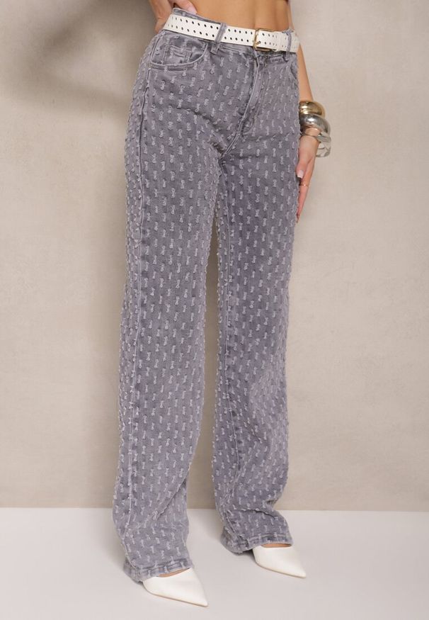 Renee - Szare Jeansy High Waist o Szerokim Kroju z Ozdobnymi Tłoczonymi Przetarciami Ulanisea. Okazja: na co dzień. Stan: podwyższony. Kolor: szary. Styl: klasyczny, elegancki, casual