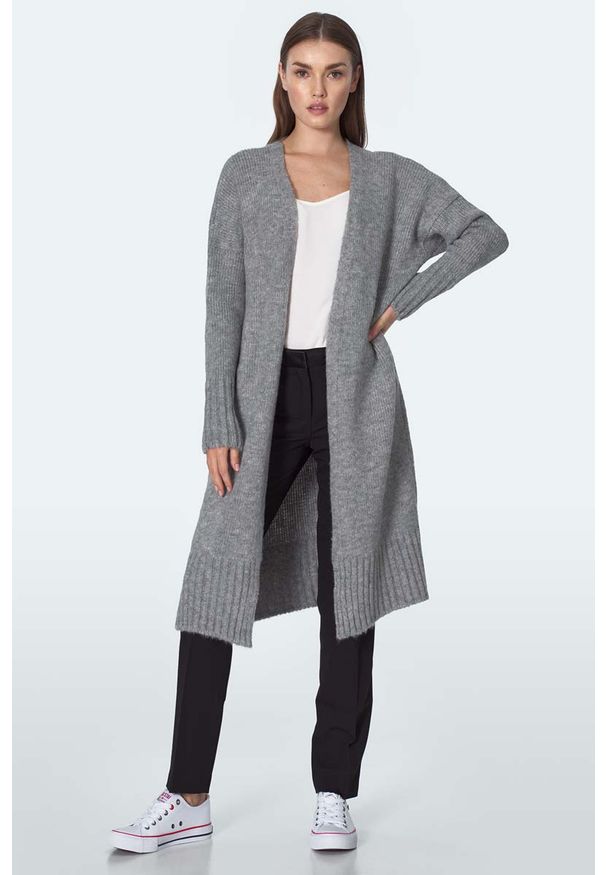 Nife - Długi Niezapinany Sweter z Wysokim Ściągaczem - Szary. Kolor: szary. Materiał: nylon, akryl. Długość: długie