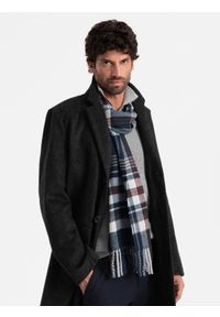 Ombre Clothing - Męski szalik z frędzlami w szkocką kratę – granatowo-kremowy V3 OM-ACSF-0113 - uniwersalny. Okazja: na co dzień. Kolor: niebieski. Materiał: wiskoza, tkanina, poliester, materiał. Styl: casual #3