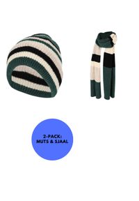 HEAT KEEPER - Czapka i szalik damski modny zestaw w paski. Kolor: zielony. Materiał: akryl. Wzór: paski. Sezon: zima. Styl: elegancki