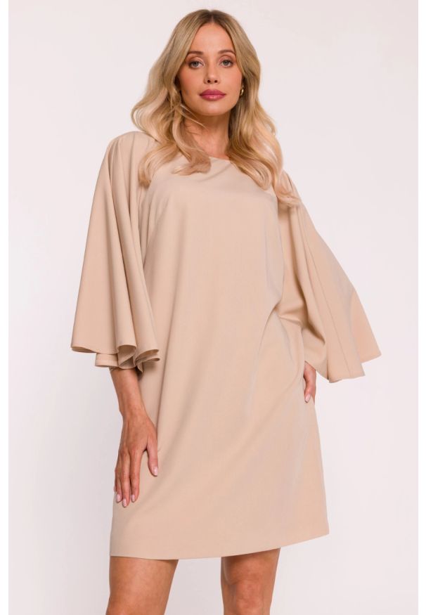 Stylove - Elegancka sukienka trapezowa z bufiastymi rękawami beżowa. Kolor: czarny, zielony, beżowy. Typ sukienki: trapezowe. Styl: elegancki