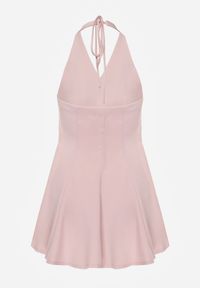 Born2be - Różowa Sukienka Taliowana Wiązana na Szyi z Ozdobnymi Guzikami Cilamene. Okazja: na co dzień. Kolor: różowy. Materiał: poliester. Wzór: aplikacja. Styl: casual, elegancki, klasyczny #2