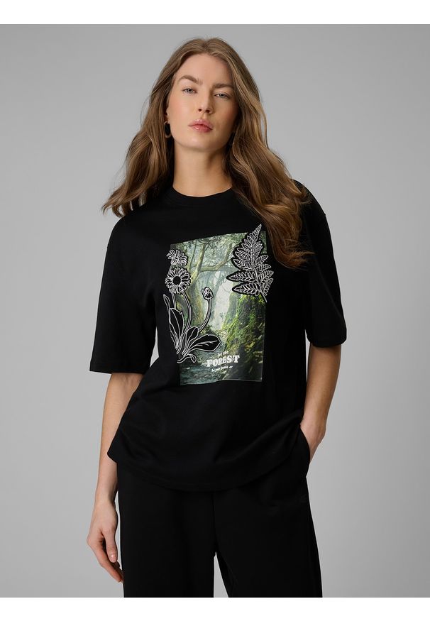 4f - 4F T-shirt loose z nadrukiem damski - czarny M. Okazja: na co dzień. Kolor: czarny. Materiał: dzianina, materiał, bawełna. Wzór: nadruk. Styl: casual
