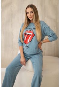 Włoski - Komplet bawełniany dekatyzowany z nadrukiem bluza + spodnie jeansowy. Materiał: bawełna, jeans. Wzór: nadruk