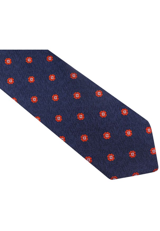 Modini - Ciemnogranatowy krawat męski w czerwone kwiaty D79. Kolor: wielokolorowy, czerwony, niebieski. Materiał: mikrofibra, tkanina. Wzór: kwiaty