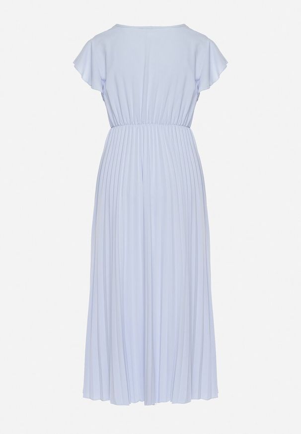 Born2be - Jasnoniebieska Sukienka Maxi Plisowana z Kopertową Górą Rozkloszowany Fason Anelea. Okazja: na randkę, na imprezę. Kolor: niebieski. Typ sukienki: rozkloszowane, kopertowe. Długość: maxi