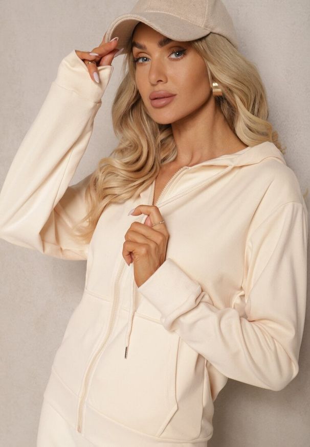 Renee - Jasnobeżowy Sportowy Komplet Dresowy Klasyczne Spodnie i Bluza z Kapturem na Suwak Torvala. Kolor: beżowy. Materiał: dresówka