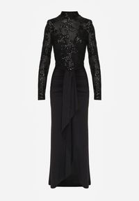 Born2be - Czarna Cekinowa Sukienka Wieczorowa z Półgolfem i Trenem Eylnore. Okazja: na imprezę. Kolor: czarny. Wzór: aplikacja. Styl: wizytowy #2