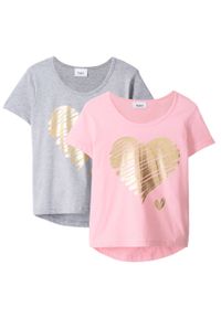 T-shirt dziewczęcy (2 szt.) bonprix jasnoszary melanż + pudrowy jasnoróżowy. Kolor: szary. Długość: długie. Wzór: melanż #1