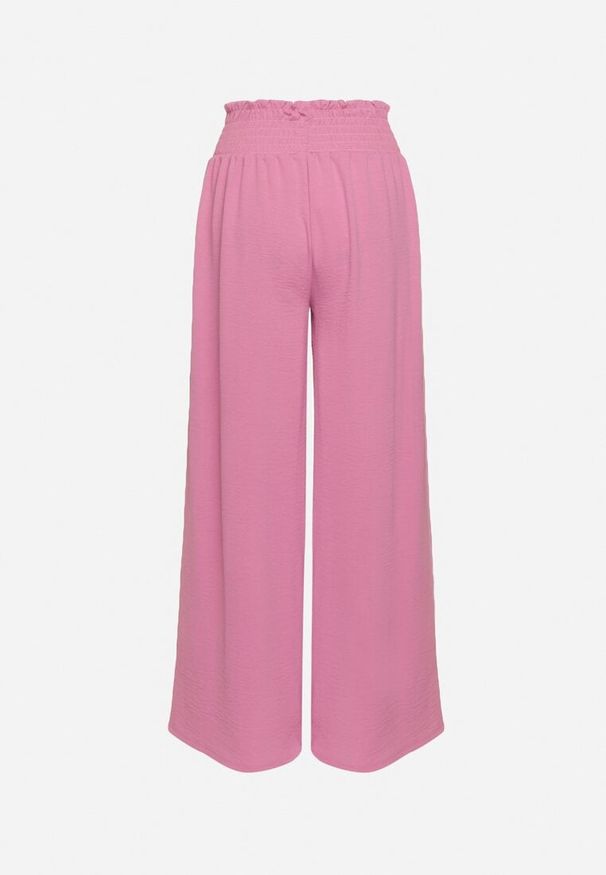 Born2be - Różowe Szerokie Spodnie z Wysokim Stanem Wykończone Gumką w Pasie Risinassa. Okazja: na spotkanie biznesowe. Stan: podwyższony. Kolor: różowy. Styl: biznesowy