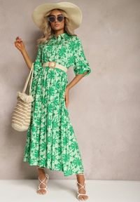 Renee - Zielona Rozkoszowana Sukienka z Koszulową Górą i Wzorem w Kwiaty Nealavin. Okazja: na co dzień. Kolor: zielony. Długość rękawa: długi rękaw. Wzór: kwiaty. Typ sukienki: koszulowe. Styl: casual. Długość: maxi