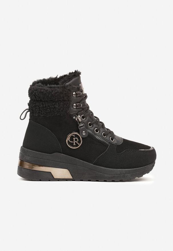 Born2be - Czarne Sneakersy na Koturnie z Wysoką Cholewką Aplikacją i Futerkiem Typu Baranek Sinirithe. Wysokość cholewki: przed kolano. Kolor: czarny. Materiał: futro. Szerokość cholewki: normalna. Wzór: aplikacja. Obcas: na koturnie