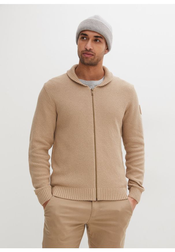 bonprix - Sweter rozpinany z bawełny z recyklingu. Kolor: beżowy. Materiał: bawełna