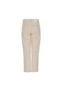 Ochnik - Kremowe spodnie damskie z wysokim stanem. Stan: podwyższony. Kolor: biały. Materiał: bawełna. Wzór: aplikacja