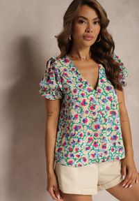Renee - Żółto-Zielona Koszula z Krótkimi Rękawami z Falbanką Vanilisa. Kolor: żółty. Materiał: jeans, tkanina. Długość rękawa: krótki rękaw. Długość: krótkie #4