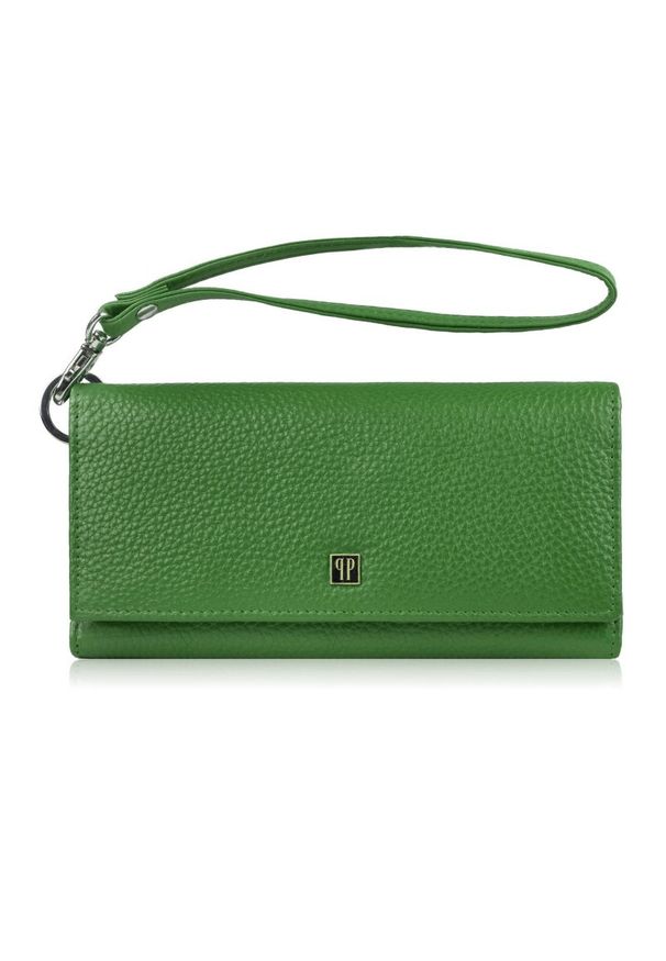 PAOLO PERUZZI - Duży portfel damski skórzany z miejscem na telefon kopertówka zielona Paolo Peruzzi T-141-GB. Kolor: zielony. Materiał: skóra
