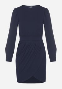 Born2be - Granatowa Sukienka z Marszczeniem i Bufiastymi Rękawami Redenia. Kolor: niebieski. Styl: klasyczny, elegancki #6