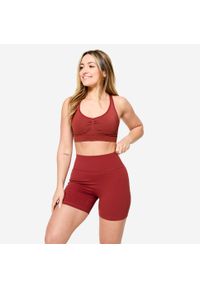 DOMYOS - Spodenki do treningu siłowego damskie Domyos microshort. Kolor: czerwony, wielokolorowy, brązowy. Materiał: materiał, poliamid, elastan. Sport: fitness