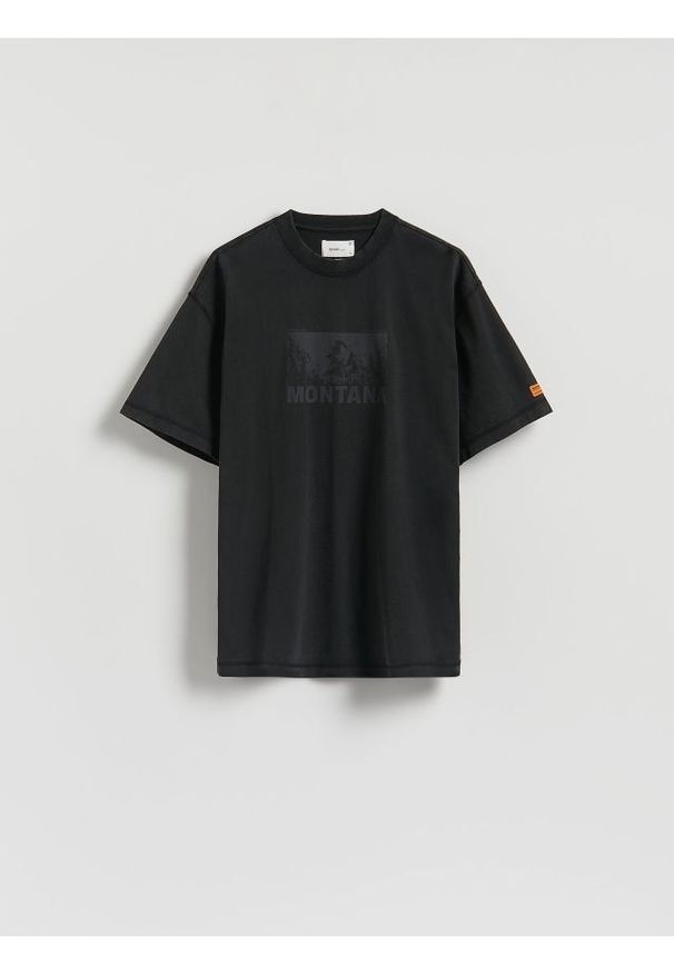 Reserved - T-shirt boxy z nadrukiem - ciemnoszary. Kolor: szary. Materiał: bawełna, dzianina. Wzór: nadruk