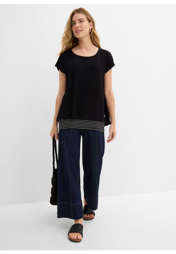 bonprix - Długi T-shirt z miękkiej mieszanki wiskozy. Kolor: czarny. Materiał: wiskoza. Długość rękawa: krótki rękaw. Długość: długie