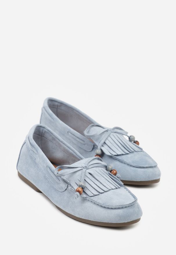 Born2be - Niebieskie Mokasyny Ozdobione Frędzlami Kokardą i Koralikami Woodswift. Okazja: na co dzień. Kolor: niebieski. Materiał: jeans. Wzór: aplikacja. Styl: klasyczny, casual, elegancki