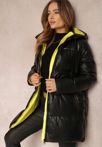Renee - Czarno-Żółta Kurtka Pikowana z Imitacji Skóry Helle. Kolor: czarny. Materiał: skóra. Styl: klasyczny