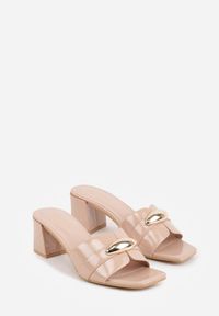 Renee - Beżowe Klapki na Słupku w Eleganckim Stylu Zdobione Podłużną Aplikacją Achythia. Okazja: na co dzień. Kolor: beżowy. Materiał: satyna, jeans. Wzór: aplikacja. Obcas: na słupku. Styl: elegancki #9