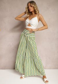 Renee - Zielone Spodnie z Wiskozy High Waist Typu Palazzo z Gumką w Talii Tiimacella. Okazja: na randkę, na co dzień. Stan: podwyższony. Kolor: zielony. Materiał: wiskoza. Styl: casual, elegancki #3