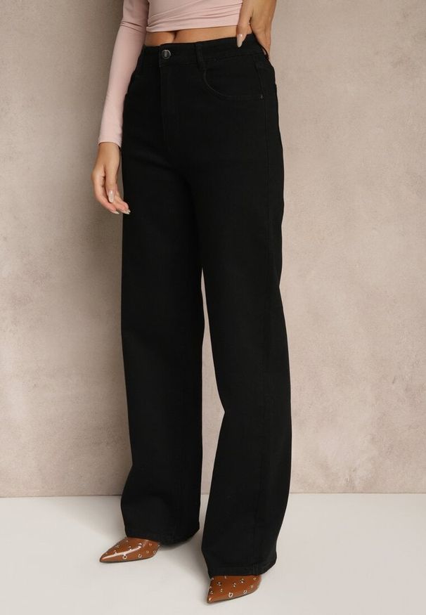 Renee - Czarne Jeansy High Waist z Szeroką Nogawką Riloresa. Okazja: na co dzień, na spacer. Stan: podwyższony. Kolor: czarny. Styl: klasyczny, wizytowy, casual