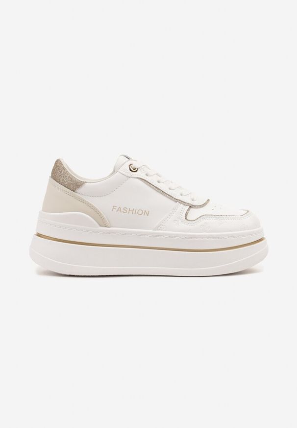 Born2be - Biało-Złote Sneakersy na Grubej Podeszwie z Napisem i Brokatem Odivena. Okazja: na co dzień. Kolor: biały. Materiał: jeans. Wzór: napisy