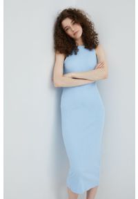 Vero Moda sukienka midi dopasowana. Kolor: niebieski. Materiał: materiał, bawełna, dzianina. Typ sukienki: dopasowane. Długość: midi