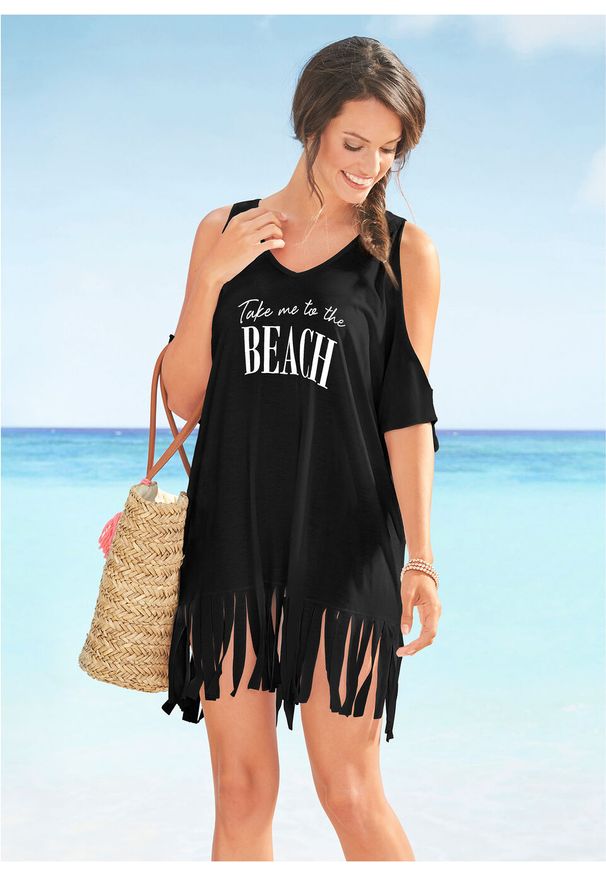 Shirt plażowy z wycięciami i frędzlami bonprix czarny. Okazja: na plażę. Kolor: czarny