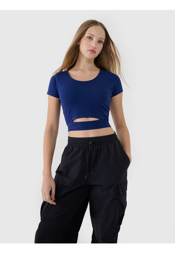 4f - 4F T-shirt crop top gładki damski - granatowy S. Okazja: na co dzień. Kolor: niebieski. Materiał: dzianina, bawełna, jersey, materiał, elastan. Długość rękawa: krótki rękaw. Długość: krótkie. Wzór: gładki. Styl: sportowy, casual