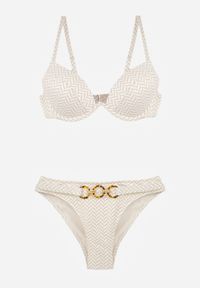 Born2be - Jasnobeżowe Bikini Dwuczęściowe w Geometryczny Wzór z Ozdobą na Majtkach Corraenia. Kolekcja: plus size. Kolor: beżowy. Długość: długie. Wzór: geometria, aplikacja #3