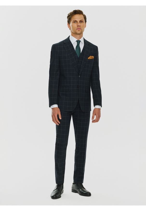 Pako Lorente - PAKO LORENTE – Granatowa marynarka garniturowa w kratę. Kolor: niebieski. Materiał: poliester, wiskoza, elastan. Wzór: kratka. Styl: klasyczny