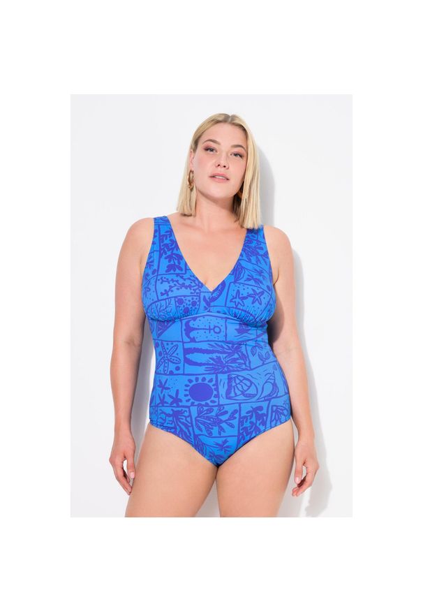 ULLA POPKEN - Damski Kostium kąpielowy muszelki dekolt w serek miękkie miseczki. Kolekcja: plus size. Kolor: niebieski. Materiał: poliamid, poliester, materiał, elastan