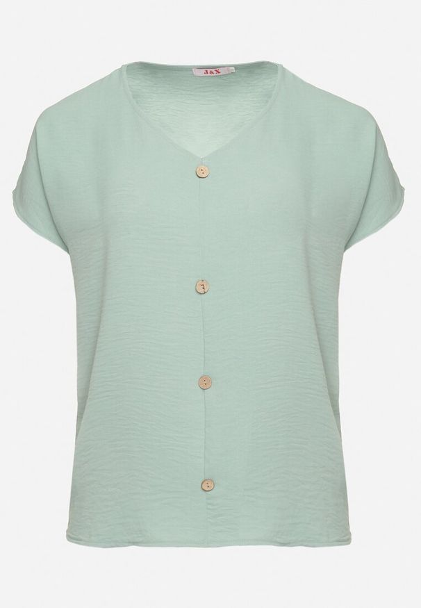 Born2be - Jasnozielona Bluzka Ozdobiona Guziczkami z Przodu Mepiana. Okazja: na co dzień. Kolor: zielony. Materiał: jeans. Długość rękawa: krótki rękaw. Długość: krótkie. Wzór: aplikacja. Styl: klasyczny, elegancki, casual