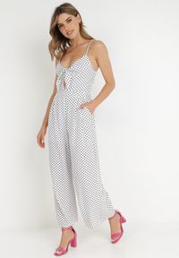 Born2be - Biały Kombinezon Delessa. Kolor: biały. Długość rękawa: na ramiączkach. Długość: długie. Wzór: aplikacja, kropki. Styl: elegancki, wizytowy #3