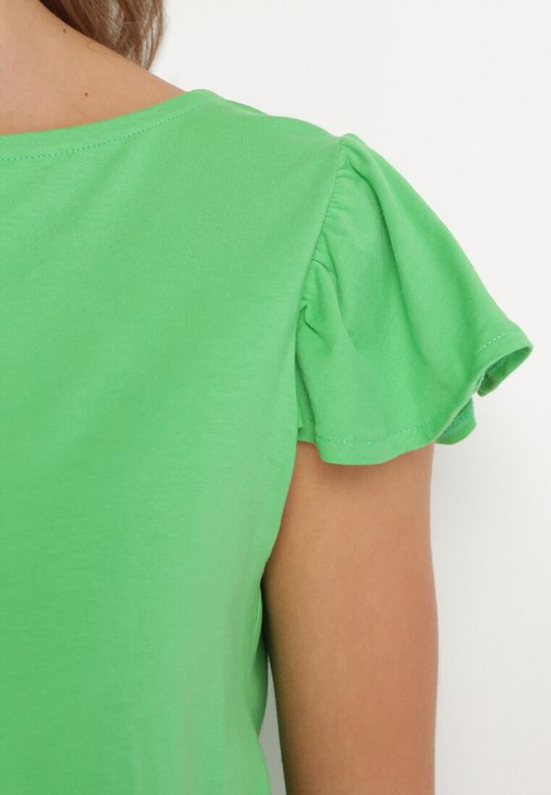 Born2be - Zielony Bawełniany Top z Falbankami Wokół Rękawów Fenculia. Okazja: na co dzień. Typ kołnierza: kołnierz z falbankami. Kolor: zielony. Materiał: bawełna. Styl: casual