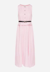 Born2be - Różowa Sukienka Bez Rękawów z Plisami i Paskiem z Klamrą Iffale. Okazja: na spacer, na co dzień. Kolor: różowy. Długość rękawa: bez rękawów. Styl: casual, klasyczny #4