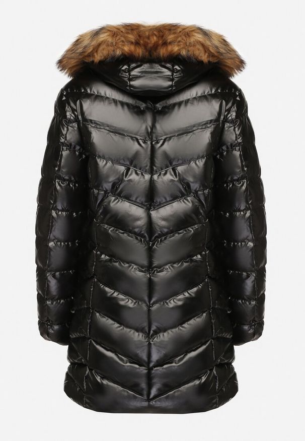 Born2be - Czarno-Brązowa Długa Pikowana Kurtka z Odpinanym Futerkiem i Sznurkami Rinnarae. Okazja: na spacer, na co dzień. Typ kołnierza: kaptur. Kolor: czarny. Materiał: futro. Długość: długie. Styl: casual, elegancki