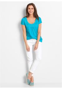 bonprix - Shirt bawełniany z koronką i krótkim rękawem. Kolor: niebieski. Materiał: bawełna, koronka. Długość rękawa: krótki rękaw. Długość: krótkie. Wzór: koronka. Sezon: lato #3