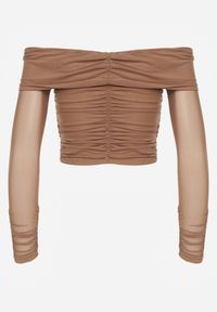 Renee - Ciemnobeżowa Drapowana Bluzka VICES z Odkrytymi Ramionami i Siateczkowymi Rękawami Atevite. Okazja: na co dzień. Kolor: beżowy. Materiał: jeans. Styl: casual #2
