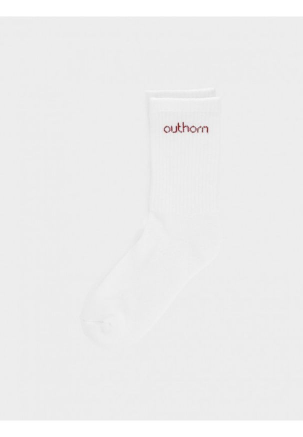 outhorn - Skarpetki nad kostkę damskie - białe. Kolor: biały. Materiał: bawełna, elastan, prążkowany, włókno, poliester, poliamid. Wzór: haft