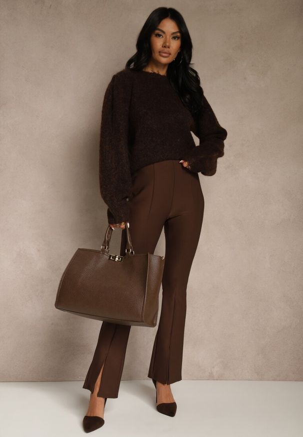 Renee - Brązowy Kardigan z Wełną Zdobiony Bufiastymi Rękawami i Wiązaniem na Plecach Tusfina. Okazja: na co dzień. Kolor: brązowy. Materiał: wełna. Wzór: aplikacja. Styl: casual